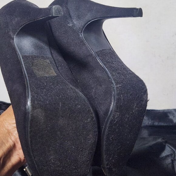 Black and Gold Bow Open Toe Heels Size 8 - Picture 6 of 8